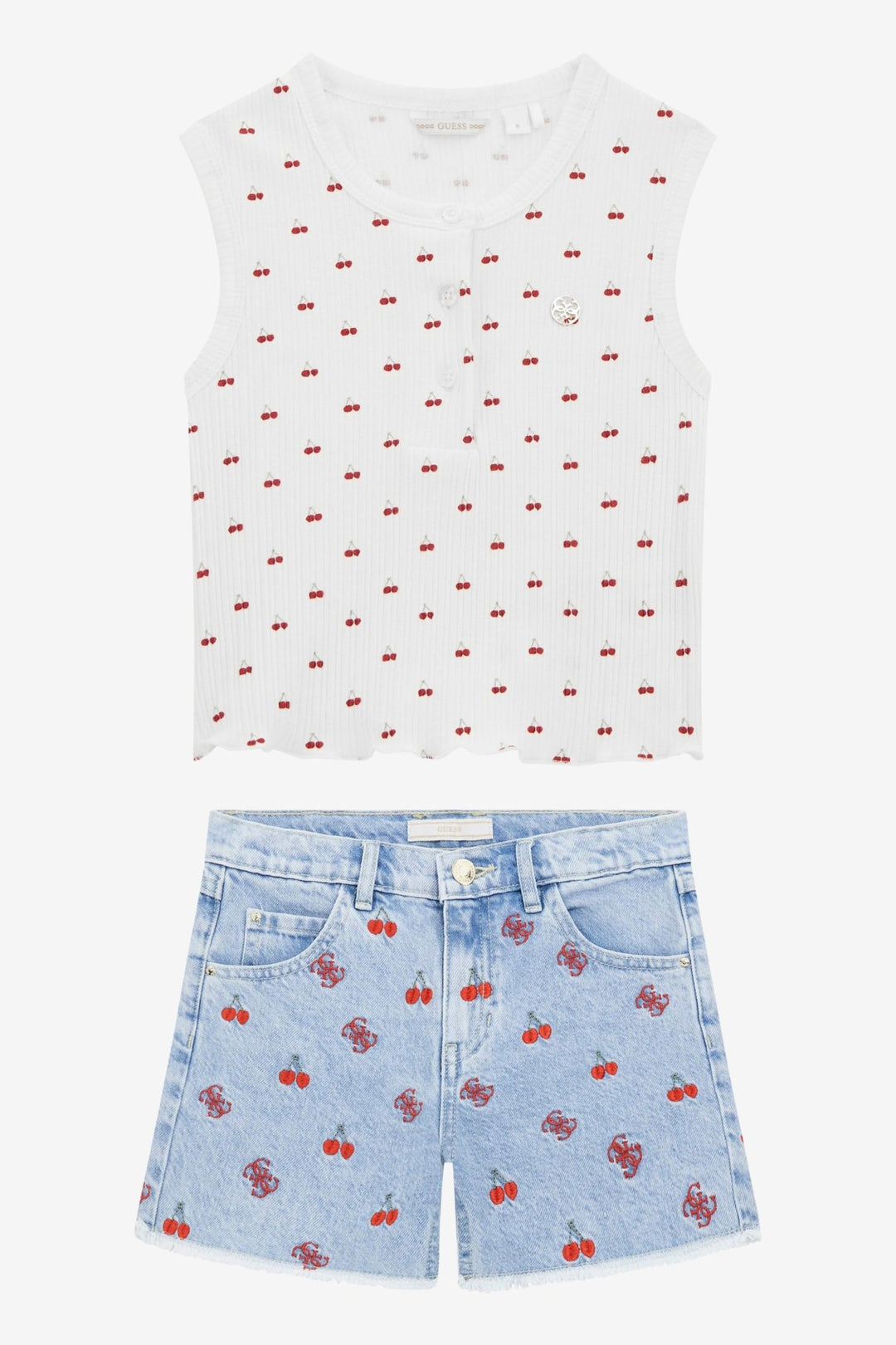 GUESS® Kids "Clover" White Ribbed Cherry Vest & Embroidered Denim Shorts - Millie and John