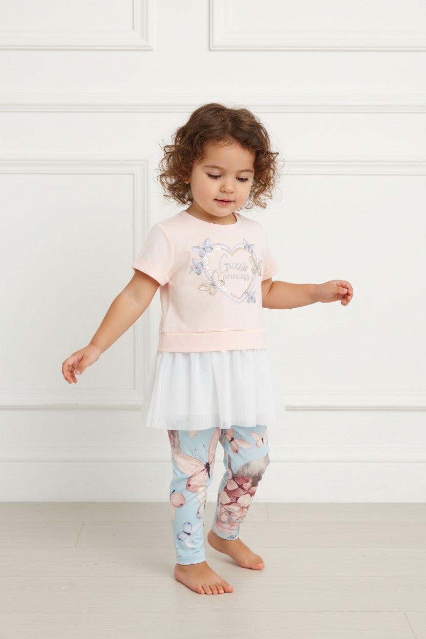GUESS® Kids "Daphne" Pale Peach Organza T-Shirt & Butterfly Leggings - Millie and John