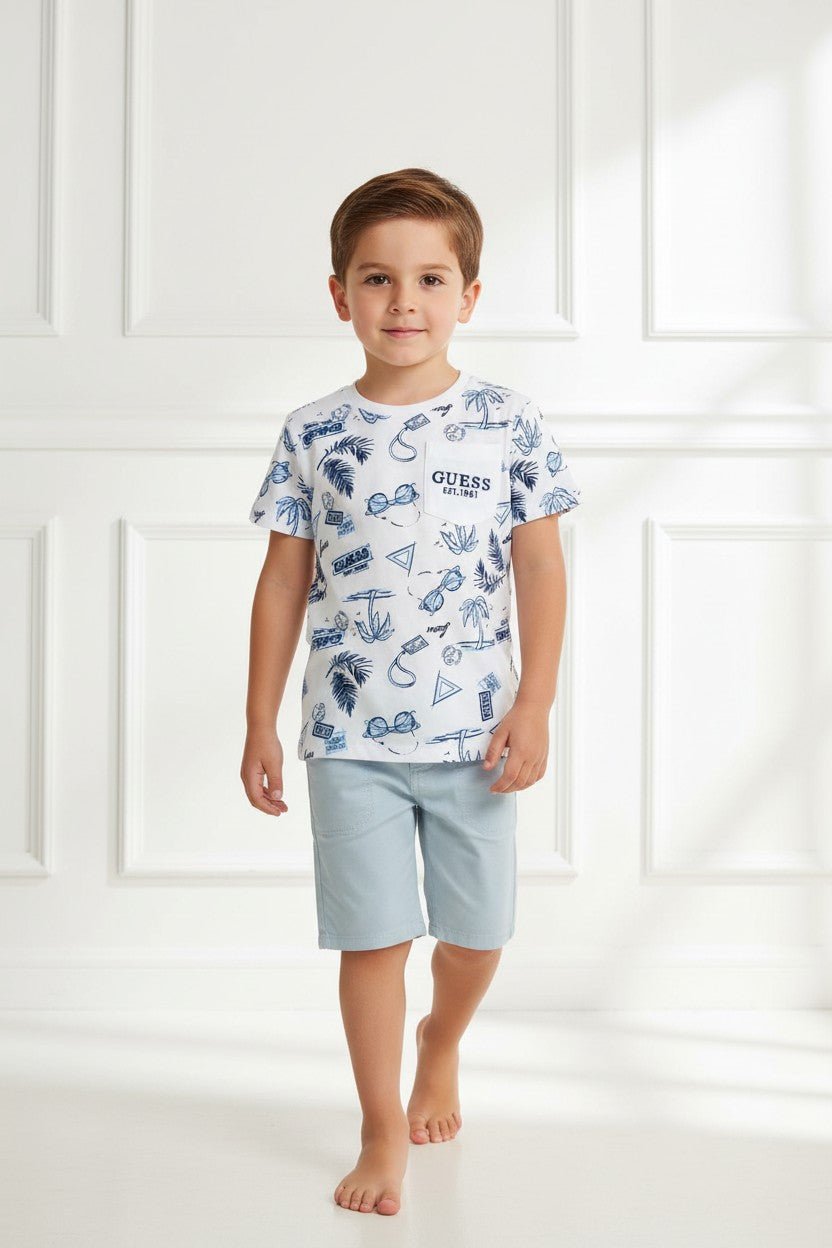 GUESS® Kids "Ellis" White &amp; Blue Summer Print T-Shirt &amp; Shorts - Millie and John