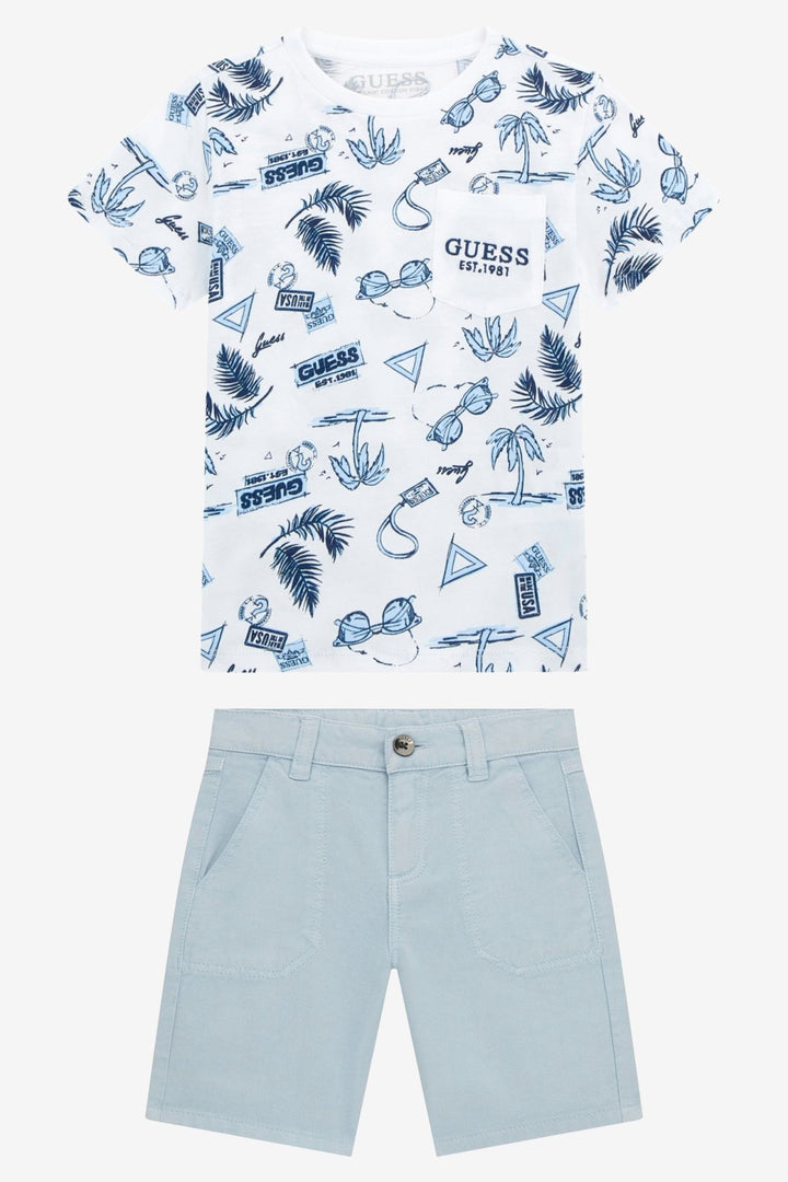 GUESS® Kids "Ellis" White & Blue Summer Print T-Shirt & Shorts - Millie and John