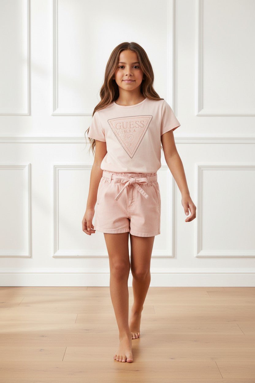 GUESS® Kids "Emery" Peach Diamanté Logo T-Shirt &amp; Denim Shorts - Millie and John