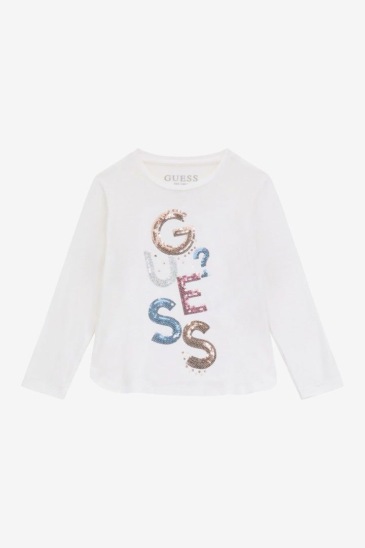 GUESS® Kids "Esme" White Multicoloured Sequin Logo Top - Millie and John