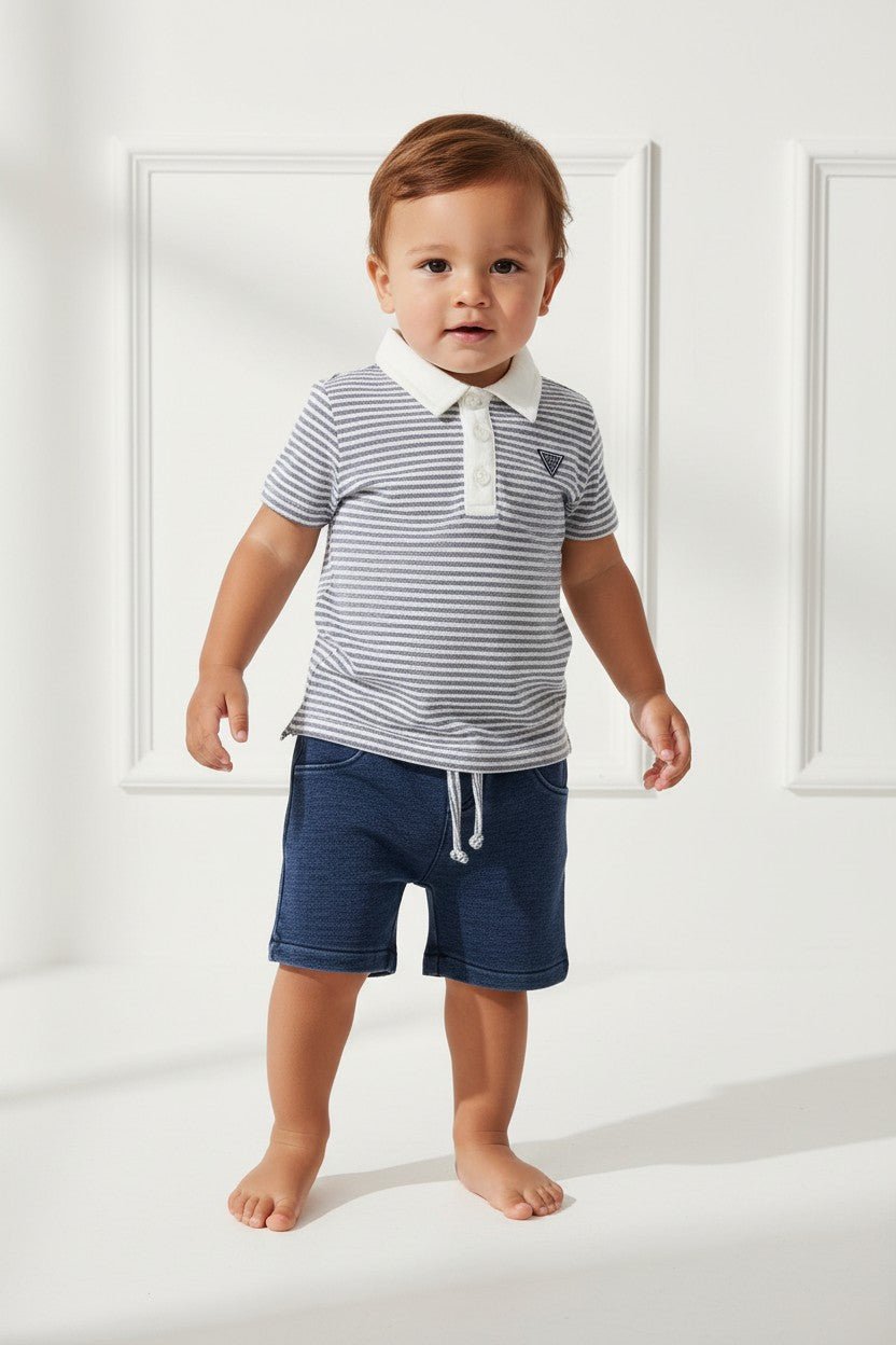 GUESS® Kids "Ewan" Navy Striped Knit Polo Shirt & Denim Shorts - Millie and John