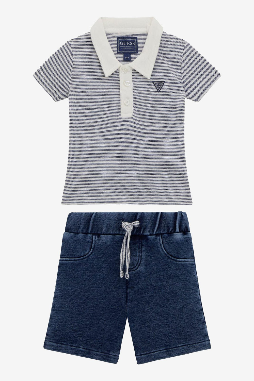 GUESS® Kids "Ewan" Navy Striped Knit Polo Shirt & Denim Shorts - Millie and John