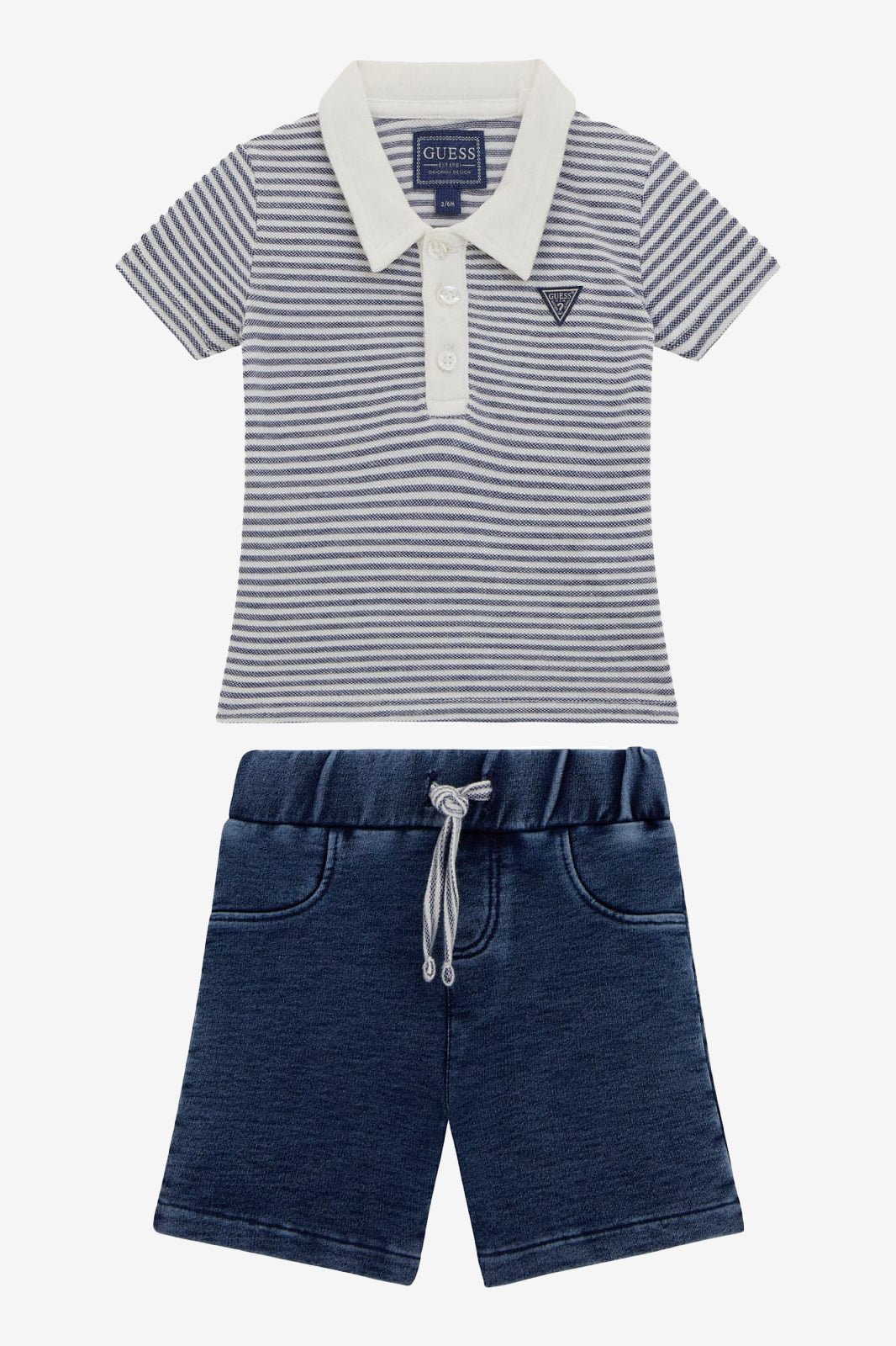 GUESS® Kids "Ewan" Navy Striped Knit Polo Shirt & Denim Shorts - Millie and John