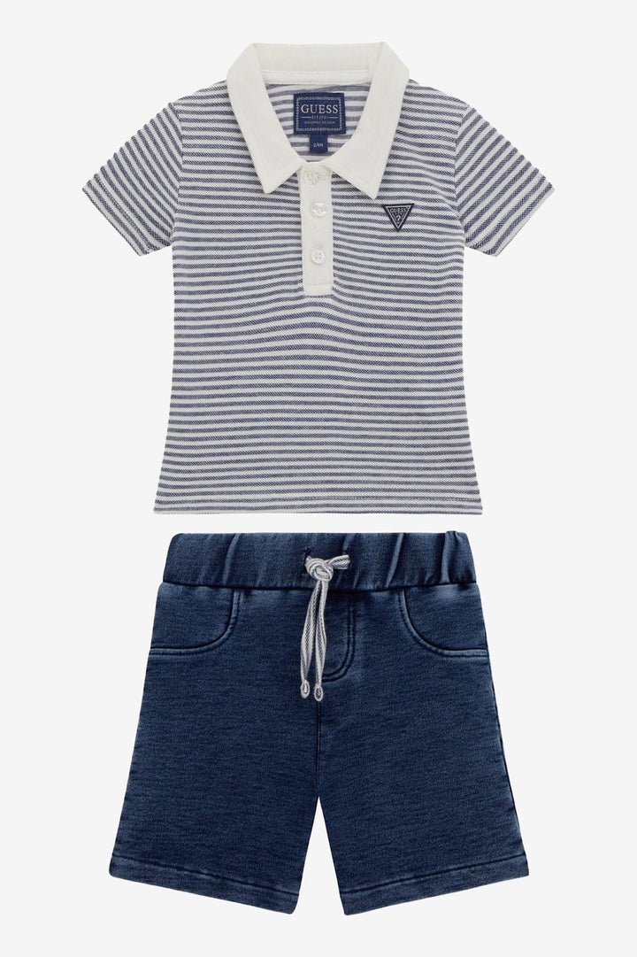 GUESS® Kids "Ewan" Navy Striped Knit Polo Shirt & Denim Shorts - Millie and John