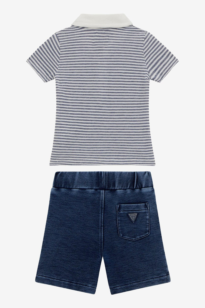 GUESS® Kids "Ewan" Navy Striped Knit Polo Shirt & Denim Shorts - Millie and John