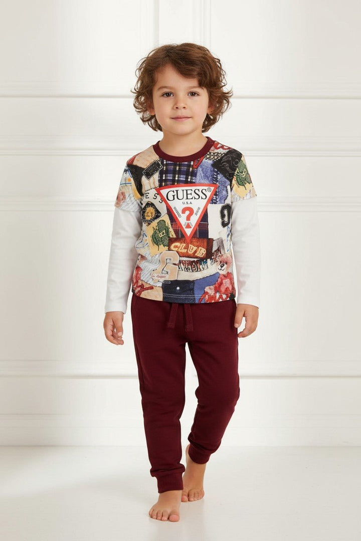GUESS® Kids "Finley" Burgundy Collage Print Top &amp; Joggers - Millie and John