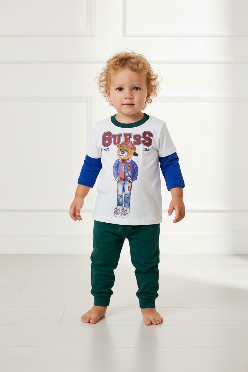 GUESS® Kids "Freddie" Blue & Green Bear Top & Joggers - Millie and John