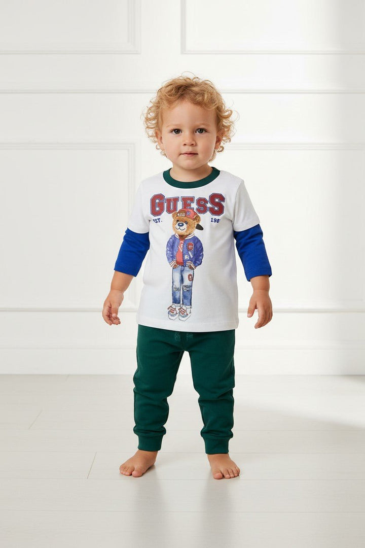 GUESS® Kids "Freddie" Blue &amp; Green Bear Top &amp; Joggers - Millie and John
