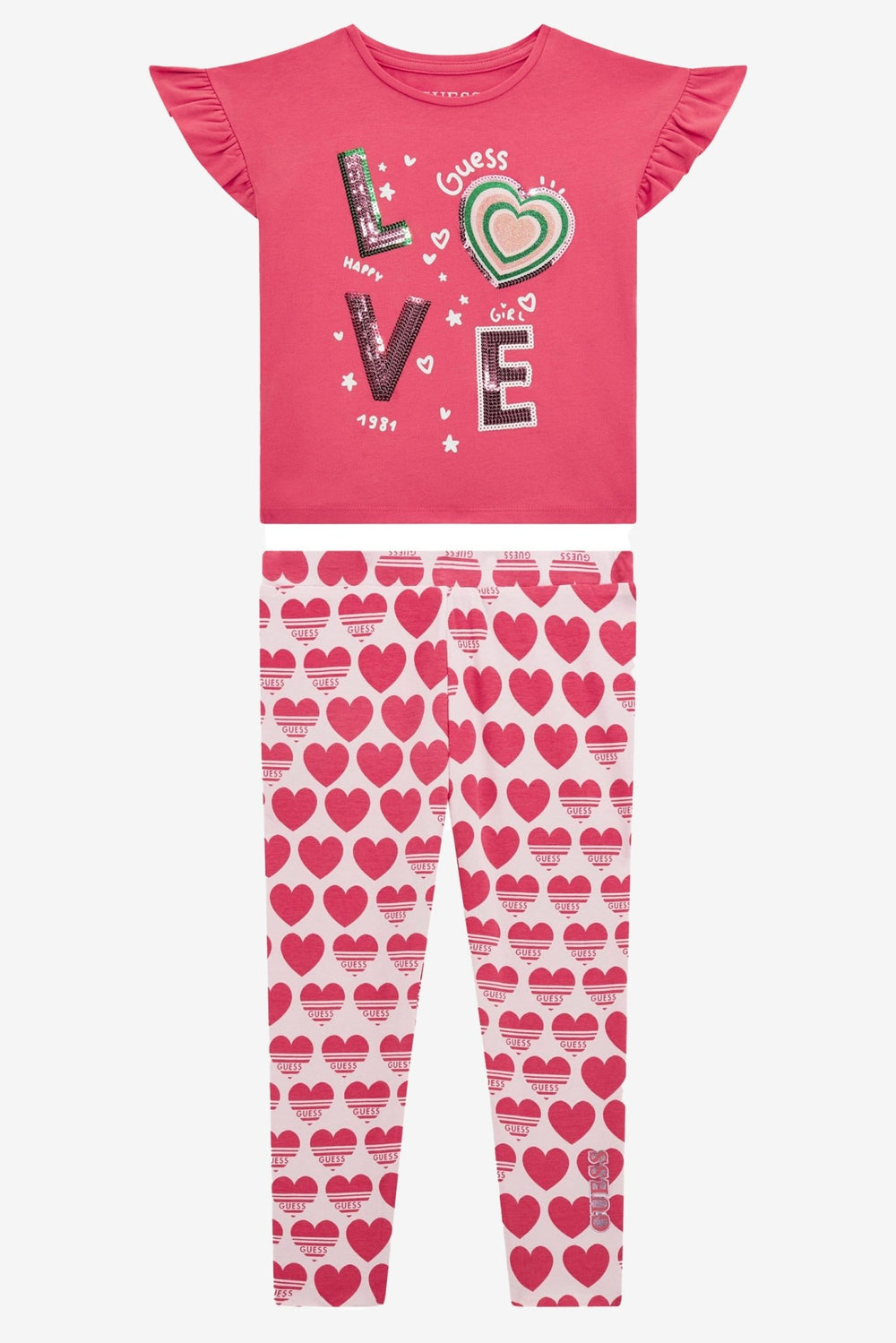 GUESS® Kids "Imogen" Cerise LOVE Sequin T-Shirt & Reversible Heart Leggings - Millie and John