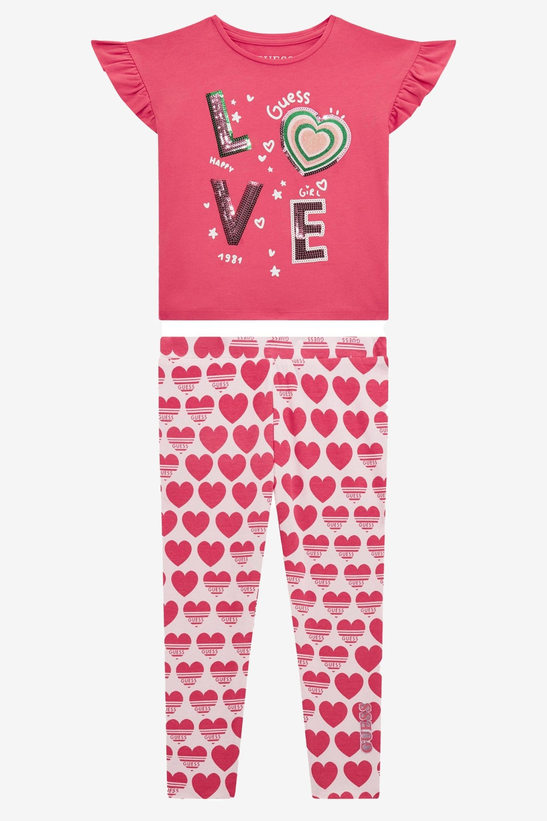 GUESS® Kids "Imogen" Cerise LOVE Sequin T-Shirt & Reversible Heart Leggings - Millie and John