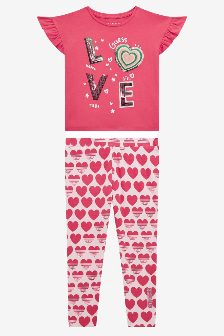 GUESS® Kids "Imogen" Cerise LOVE Sequin T-Shirt & Reversible Heart Leggings - Millie and John