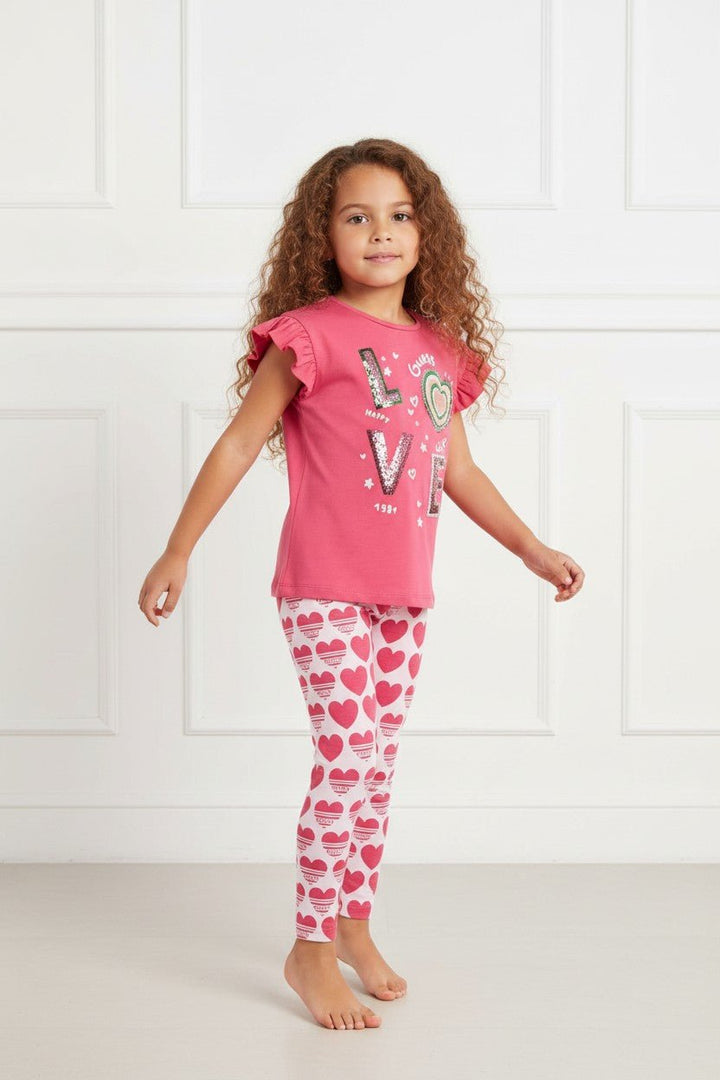 GUESS® Kids "Imogen" Cerise LOVE Sequin T-Shirt &amp; Reversible Heart Leggings - Millie and John