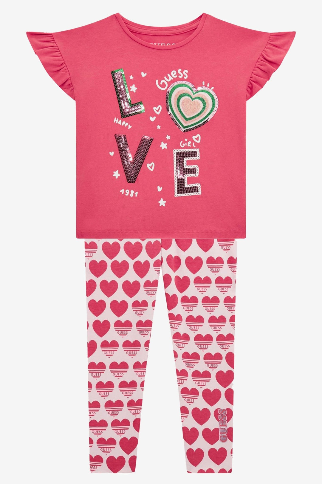 GUESS® Kids "Imogen" Cerise LOVE Sequin T-Shirt & Reversible Heart Leggings - Millie and John