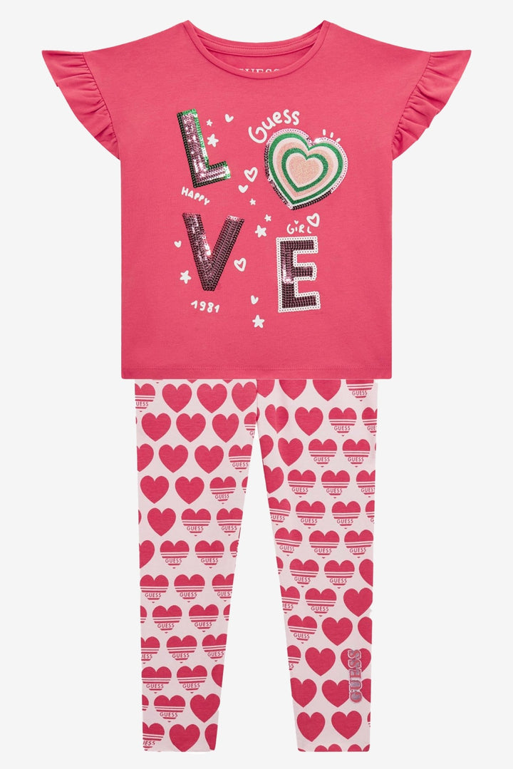 GUESS® Kids "Imogen" Cerise LOVE Sequin T-Shirt & Reversible Heart Leggings - Millie and John