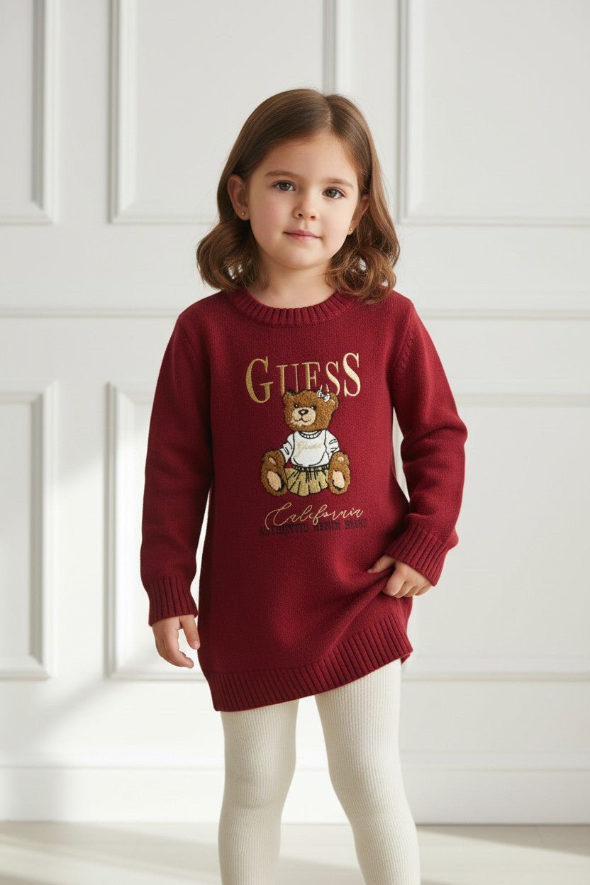 GUESS® Kids "Jemima" Burgundy & Gold Teddy Bear Knit Jumper Dress - Millie and John