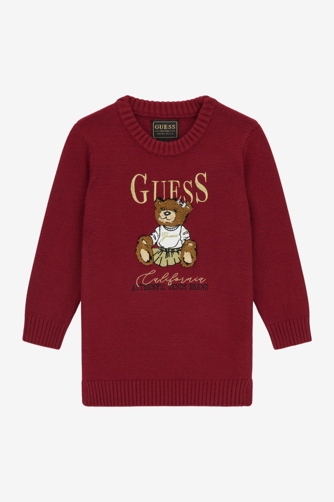 GUESS® Kids "Jemima" Burgundy & Gold Teddy Bear Knit Jumper Dress - Millie and John