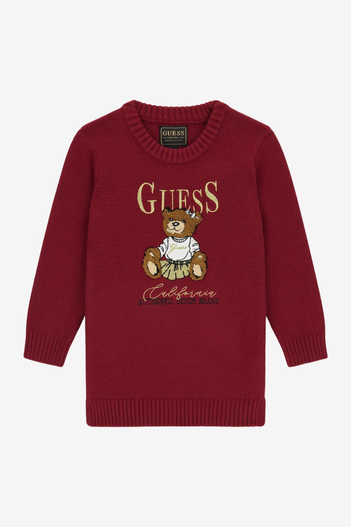 GUESS® Kids "Jemima" Burgundy & Gold Teddy Bear Knit Jumper Dress - Millie and John