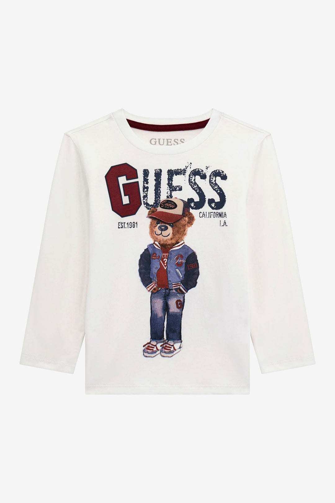 GUESS® Kids "Jonnie" White & Burgundy Retro Bear Top - Millie and John