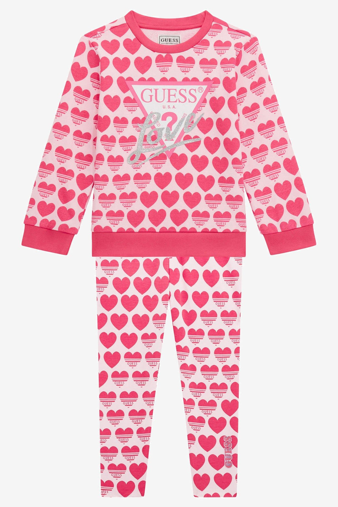 GUESS® Kids "Lila" Cerise Heart Print Sweatshirt & Reversible Leggings - Millie and John