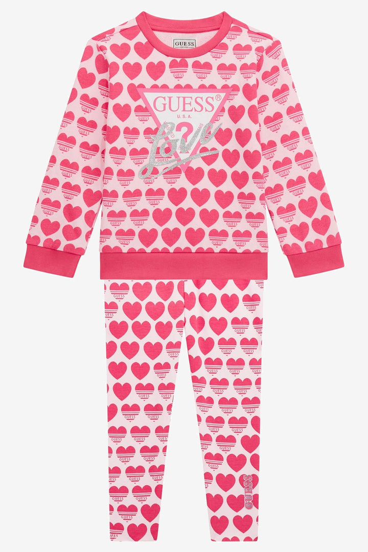GUESS® Kids "Lila" Cerise Heart Print Sweatshirt & Reversible Leggings - Millie and John