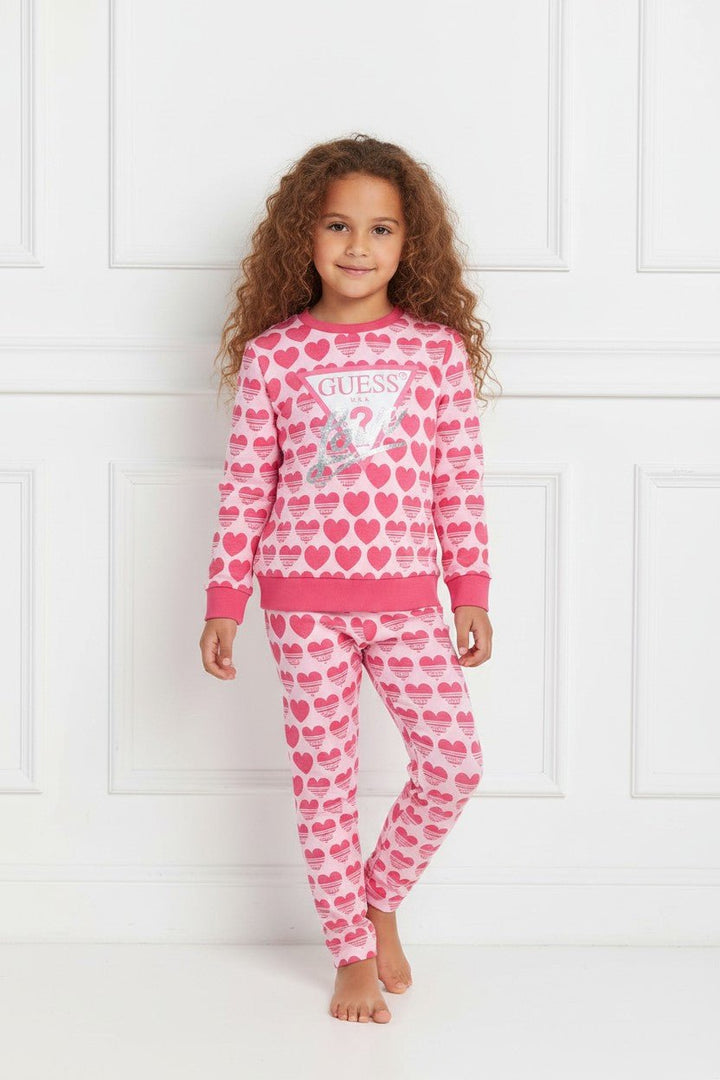 GUESS® Kids "Lila" Cerise Heart Print Sweatshirt &amp; Reversible Leggings - Millie and John
