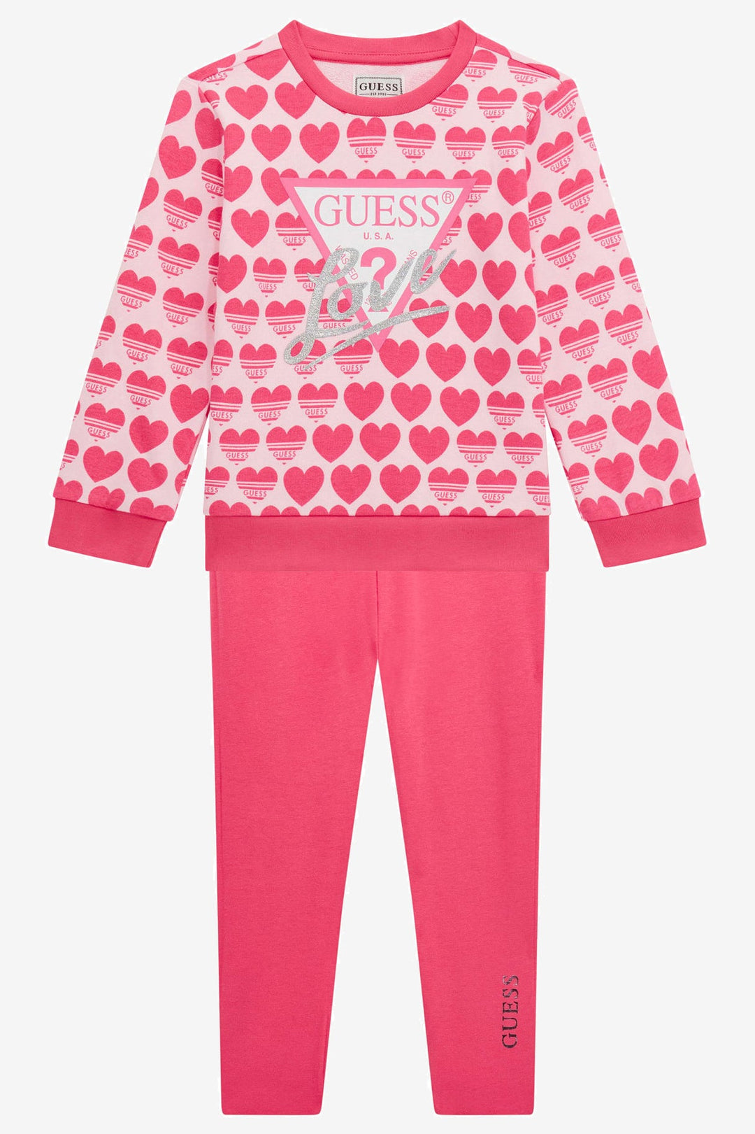 GUESS® Kids "Lila" Cerise Heart Print Sweatshirt & Reversible Leggings - Millie and John