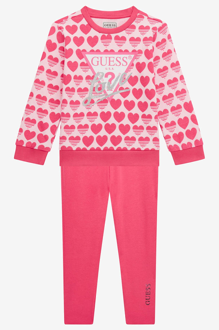 GUESS® Kids "Lila" Cerise Heart Print Sweatshirt & Reversible Leggings - Millie and John