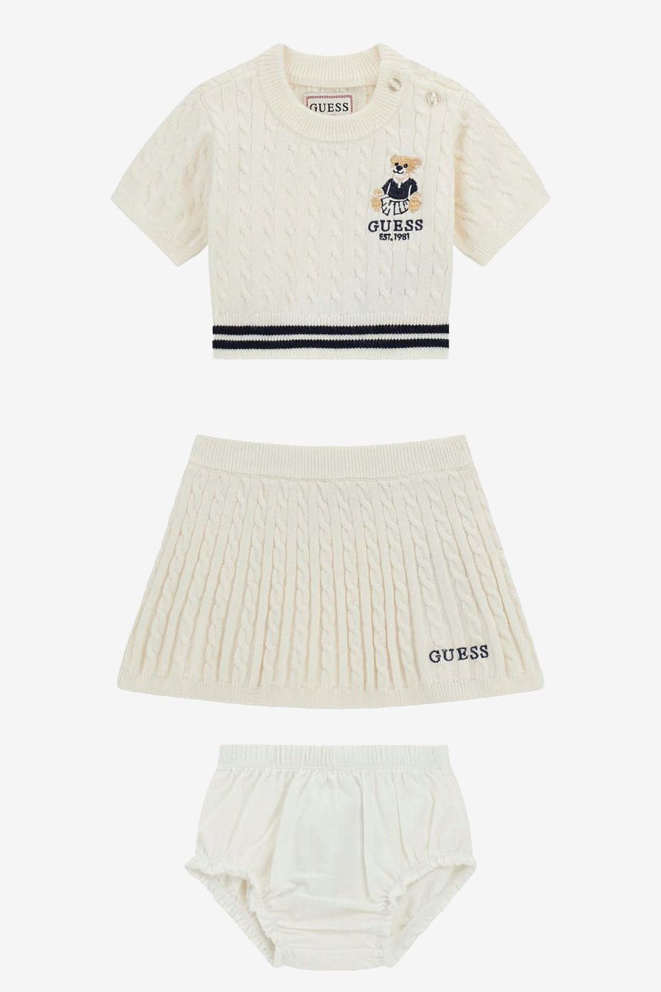 GUESS® Kids "Love" Ivory Cable Knit Top, Skirt & Bloomers - Millie and John
