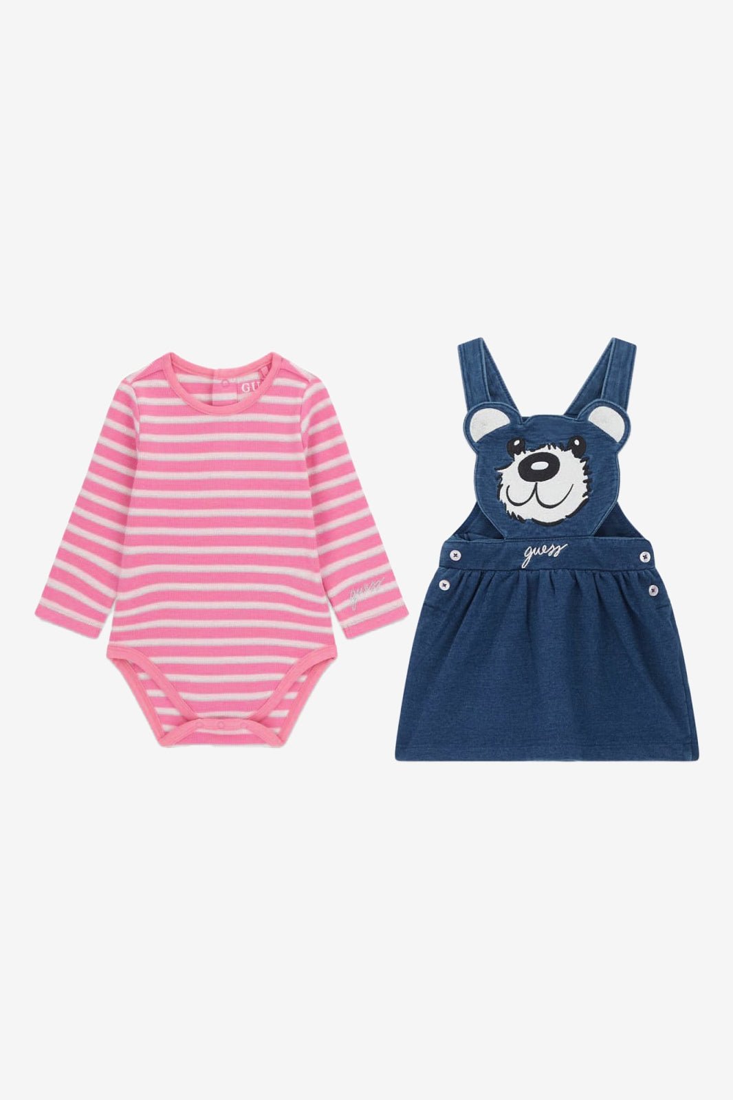 GUESS® Kids "Matilda" Pink Stripe Bodysuit & Denim Teddy Pinafore Dress - Millie and John