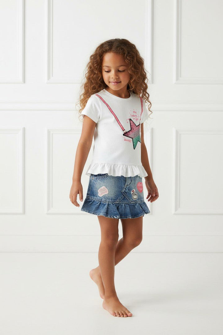 GUESS® Kids "Nancy" White Sequin T-Shirt &amp; Denim Skirt - Millie and John