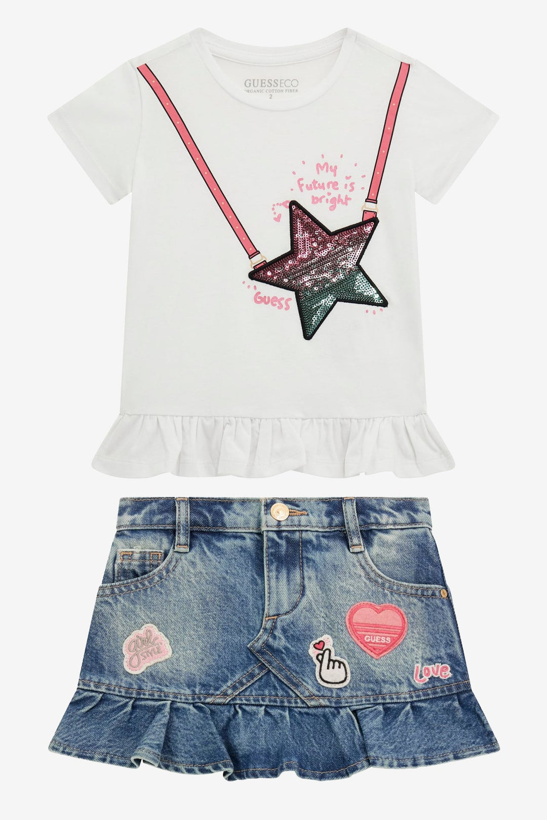 GUESS® Kids "Nancy" White Sequin T-Shirt & Denim Skirt - Millie and John