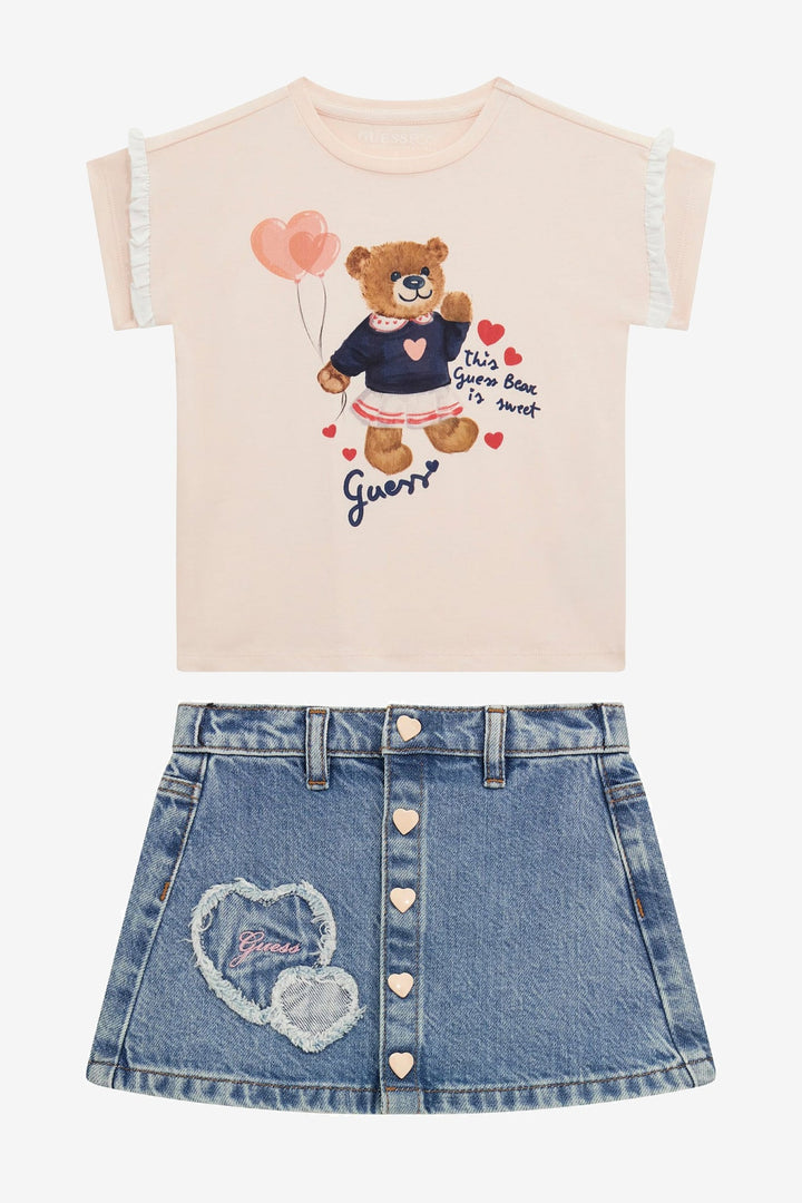 GUESS® Kids "Nola" Pale Peach Teddy T-Shirt & Denim Skirt - Millie and John