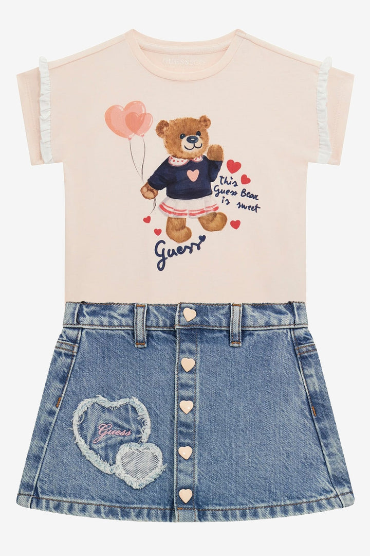 GUESS® Kids "Nola" Pale Peach Teddy T-Shirt & Denim Skirt - Millie and John