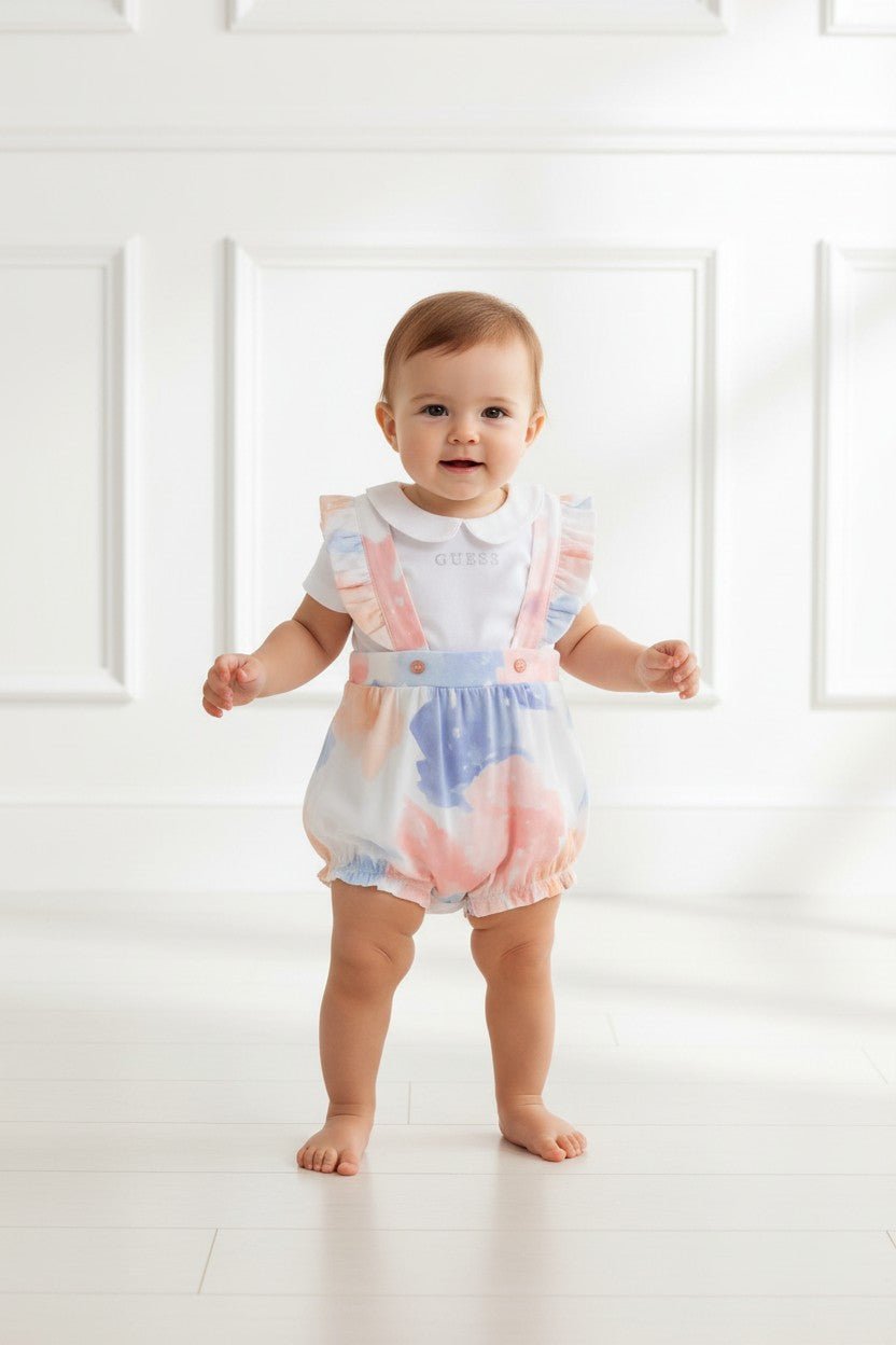 GUESS® Kids "Primrose" Pink &amp; Blue Tie - Dye Shortalls Set - Millie and John