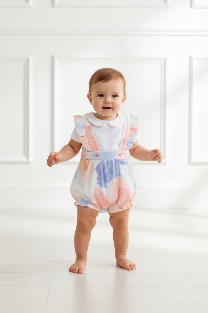 GUESS® Kids "Primrose" Pink &amp; Blue Tie - Dye Shortalls Set - Millie and John