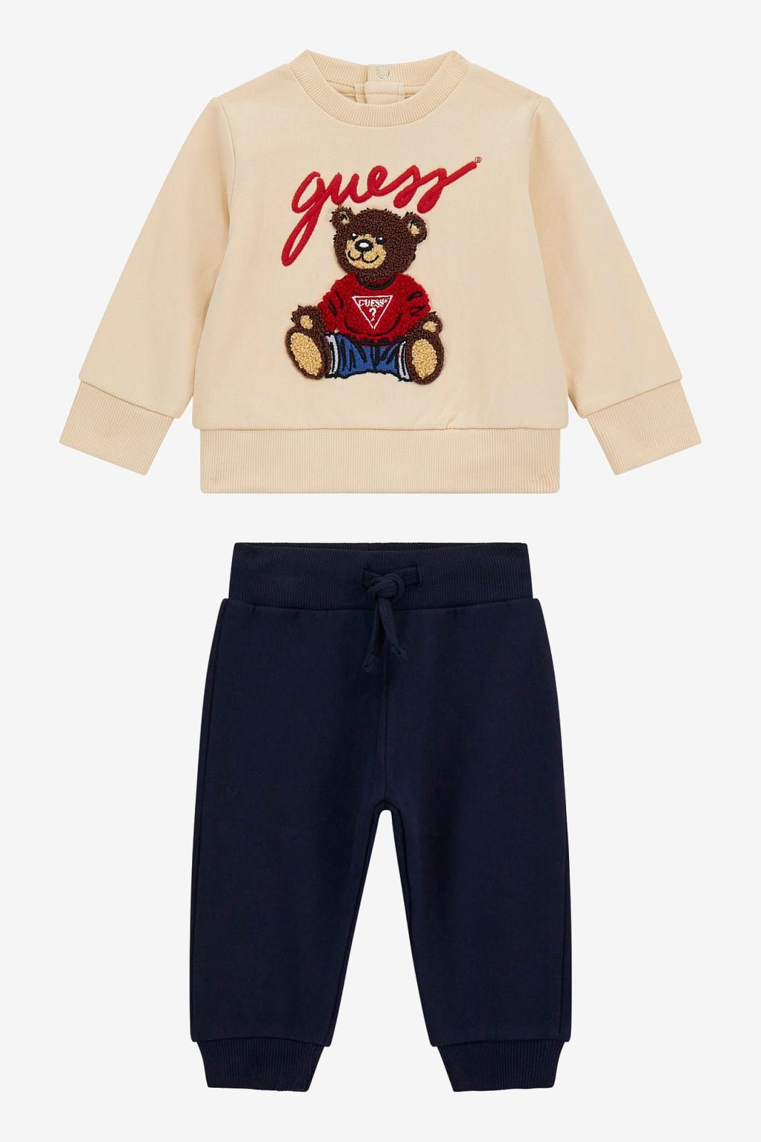 GUESS® Kids "Remy" Beige Teddy Bear Sweatshirt & Navy Joggers - Millie and John