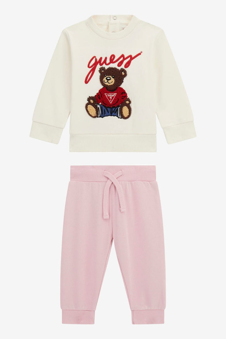 GUESS® Kids "Remy" Ivory Teddy Bear Sweatshirt & Pink Joggers - Millie and John