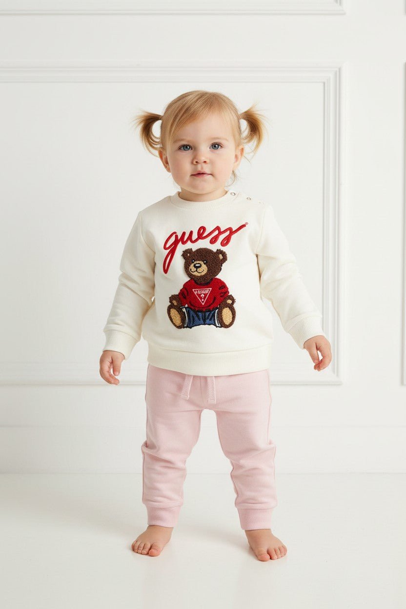 GUESS® Kids "Remy" Ivory Teddy Bear Sweatshirt & Pink Joggers - Millie and John