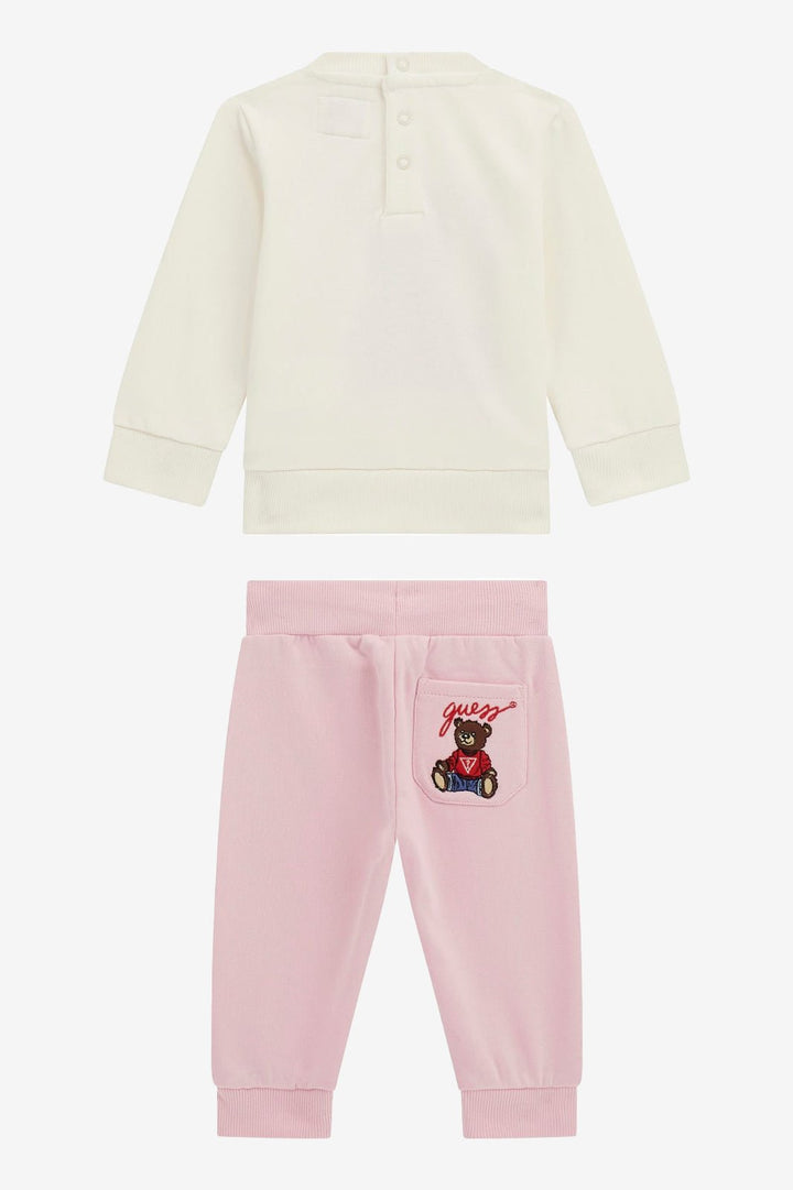 GUESS® Kids "Remy" Ivory Teddy Bear Sweatshirt & Pink Joggers - Millie and John