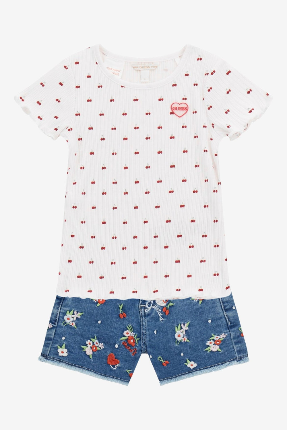 GUESS® Kids "Romy" White Ribbed Cherry Top & Embroidered Denim Shorts - Millie and John