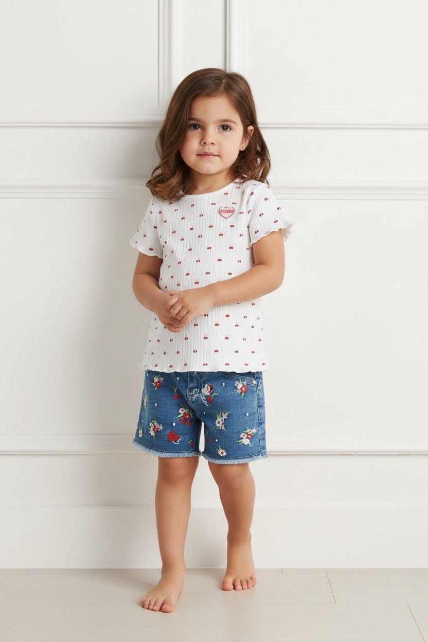 GUESS® Kids "Romy" White Ribbed Cherry Top & Embroidered Denim Shorts - Millie and John