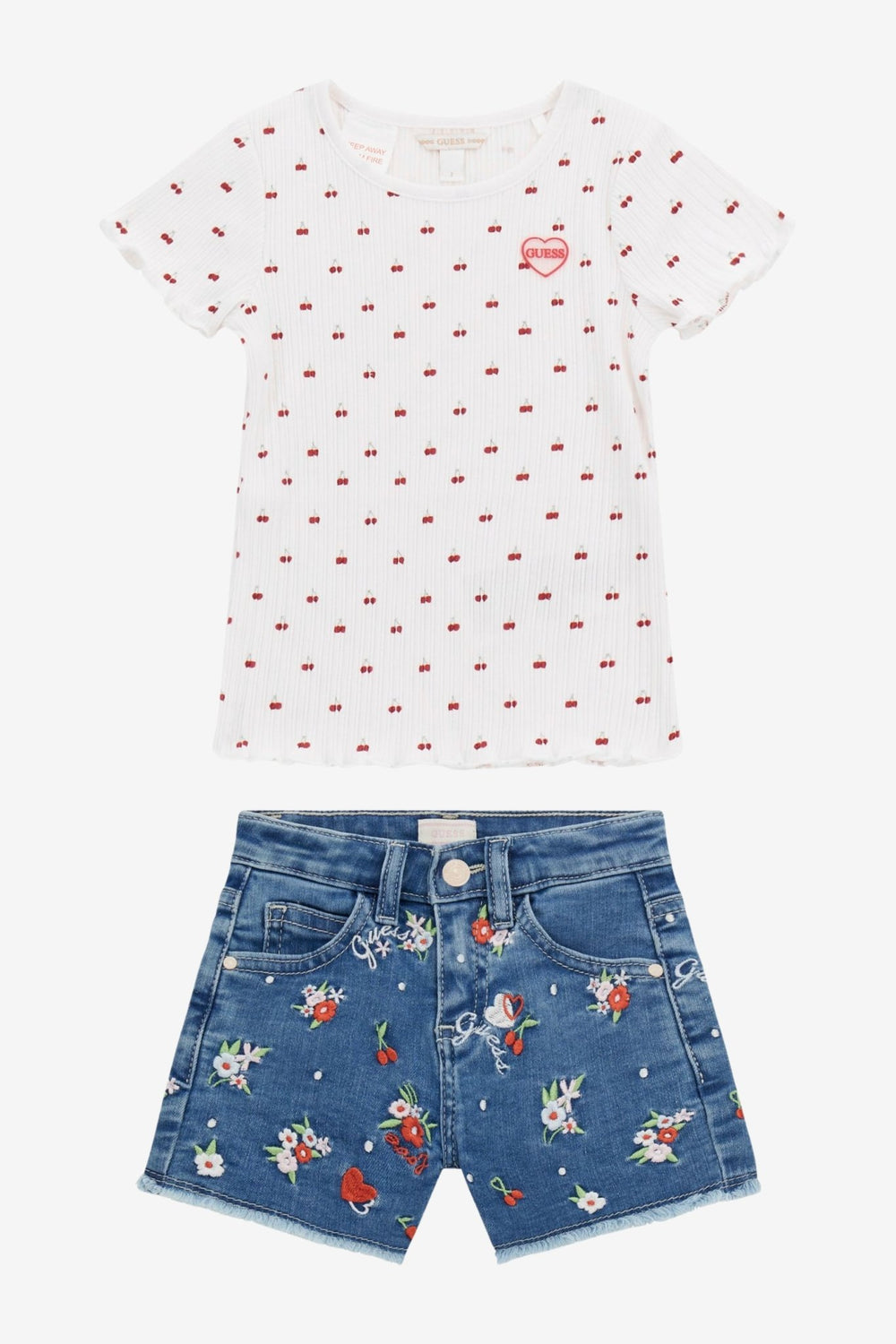 GUESS® Kids "Romy" White Ribbed Cherry Top & Embroidered Denim Shorts - Millie and John