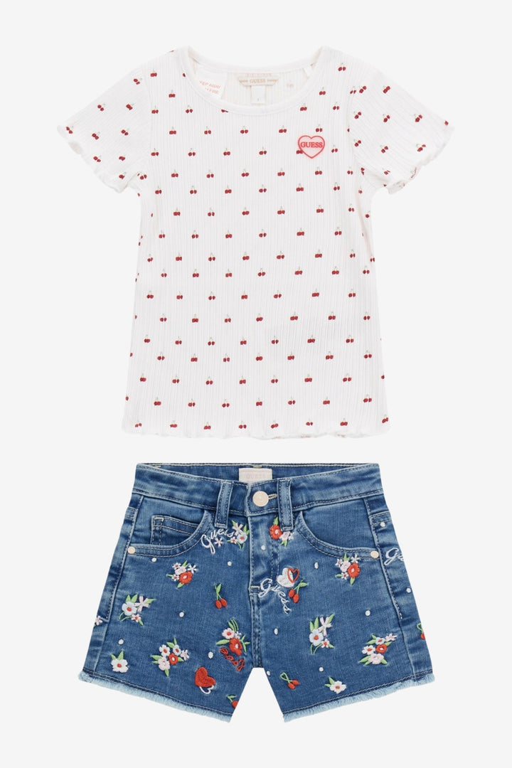 GUESS® Kids "Romy" White Ribbed Cherry Top & Embroidered Denim Shorts - Millie and John