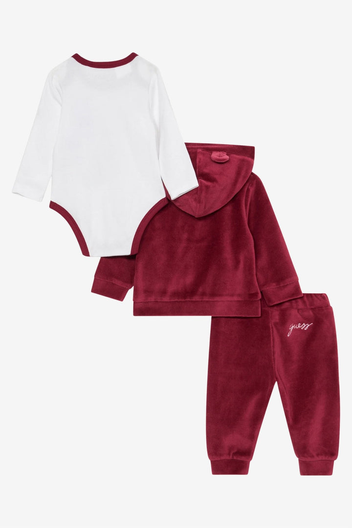 GUESS® Kids "Rory" Burgundy Velour Teddy Bear 3 - Piece Hooded Set - Millie and John