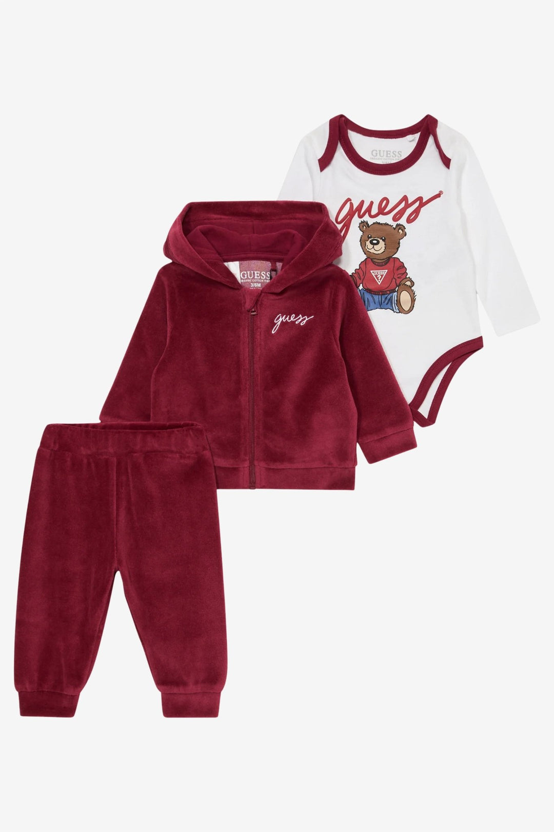 GUESS® Kids "Rory" Burgundy Velour Teddy Bear 3 - Piece Hooded Set - Millie and John