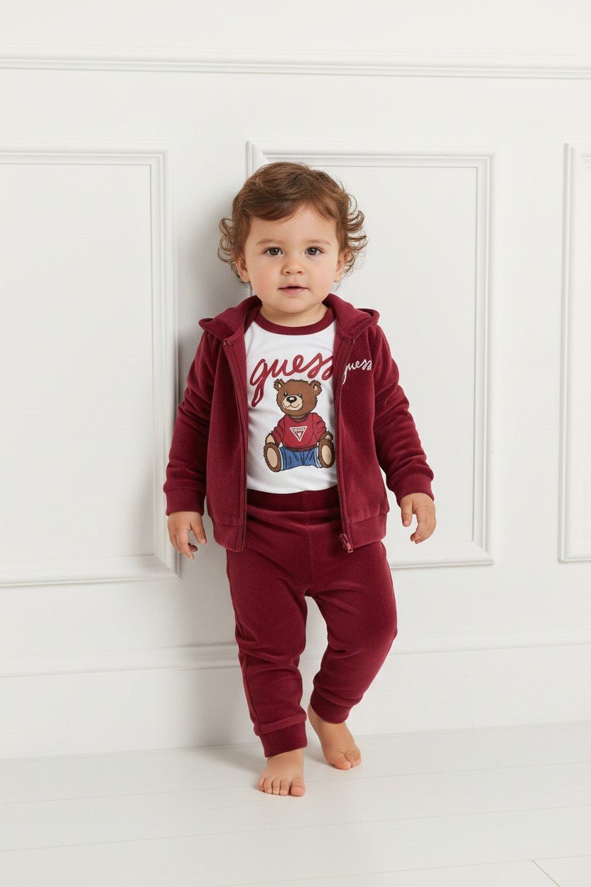 GUESS® Kids "Rory" Burgundy Velour Teddy Bear 3 - Piece Hooded Set - Millie and John