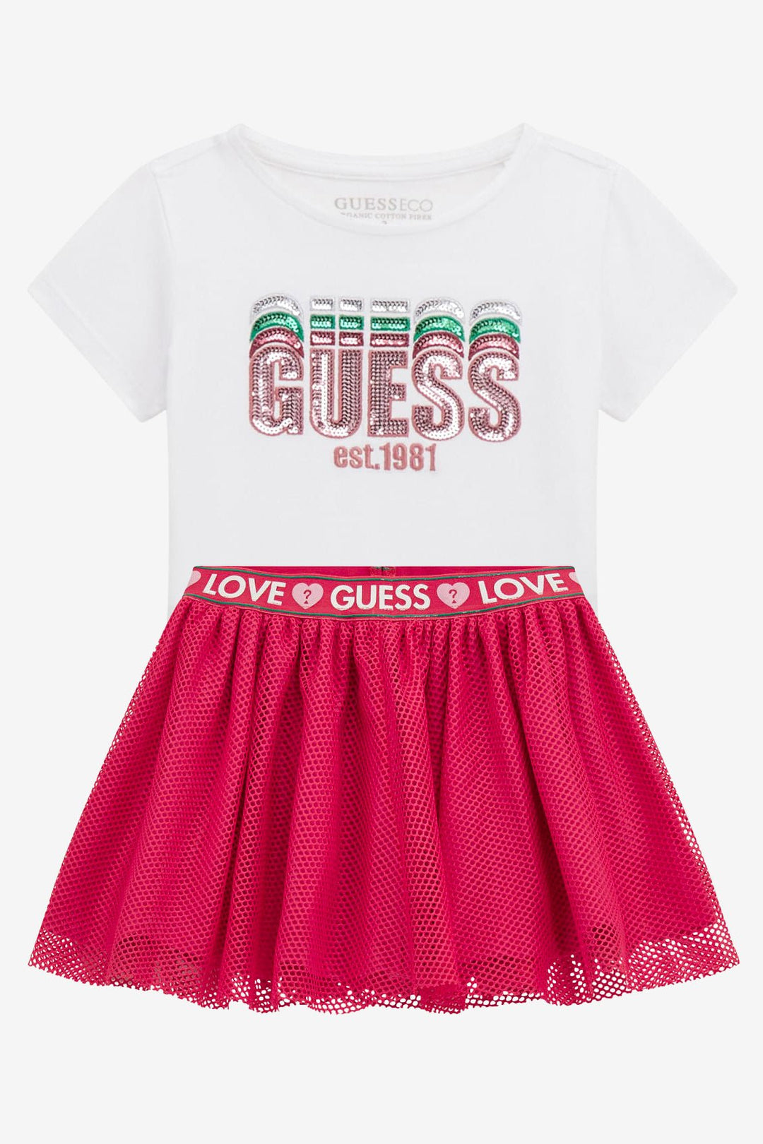 GUESS® Kids "Talia" White Sequin T-Shirt & Cerise Mesh Skirt - Millie and John