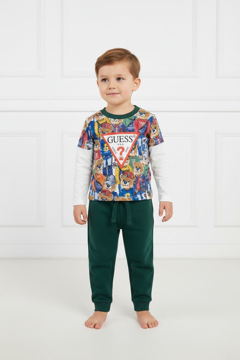 GUESS® Kids "Theodore" Blue & Green All Over Bear Top & Joggers - Millie and John